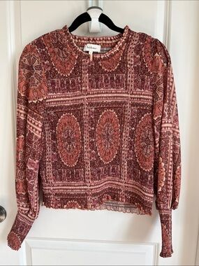bohme Red Rust Paisley Smocked Long-Sleeve Blouse
